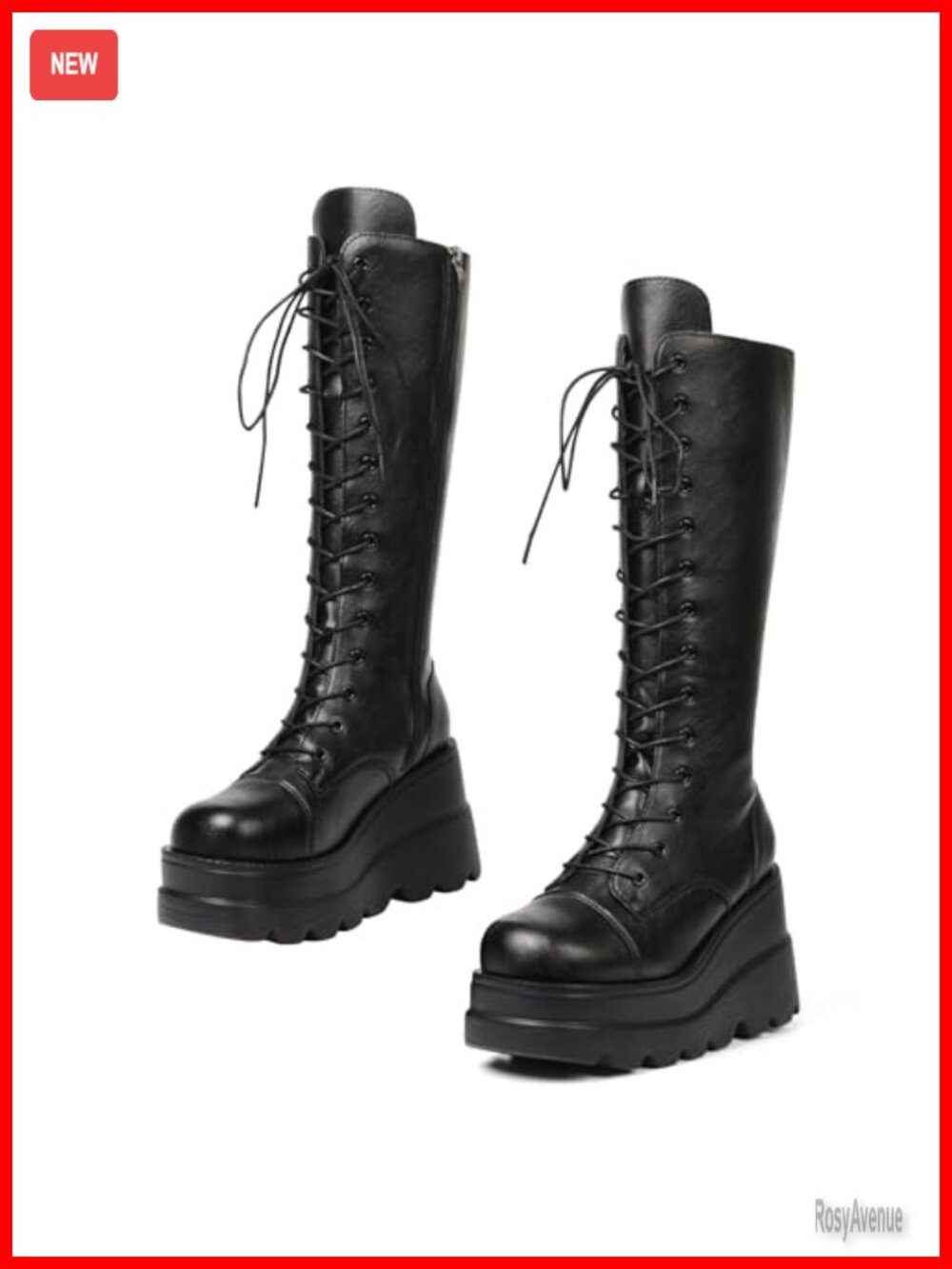 CELNEPHO Women Faux Leather Mid Calf Platform Combat Boots Lace Up Chunky